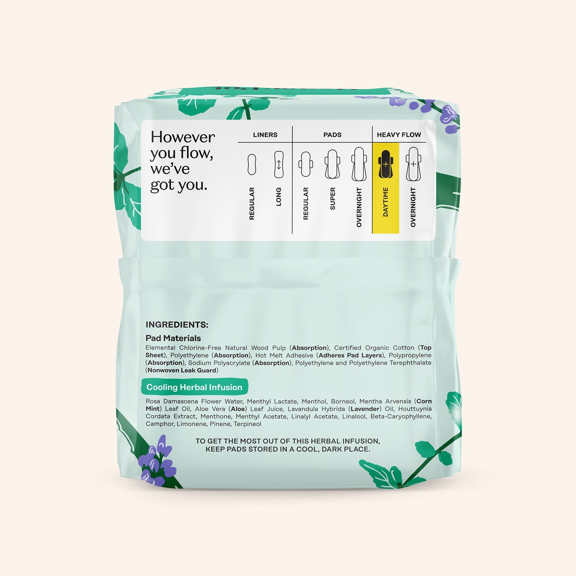 Organic Cotton Cover Cooling Herbal Infusion Heavy Flow Daytime Pads (OY7C)