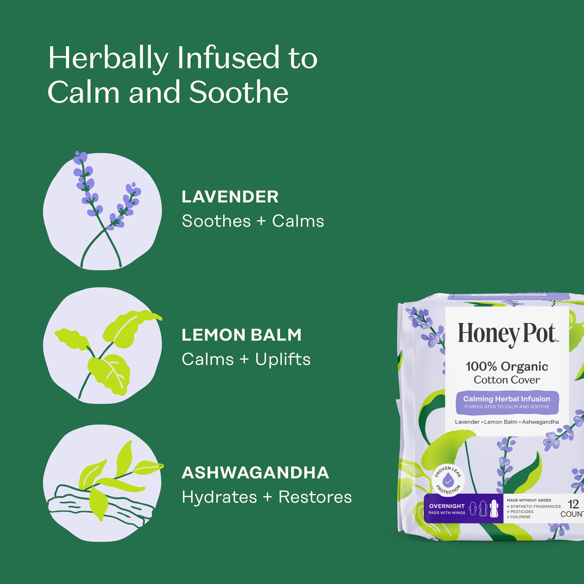 Organic Cotton Cover Calming Herbal Infusion Overnight Pads With Wings (OPSG)