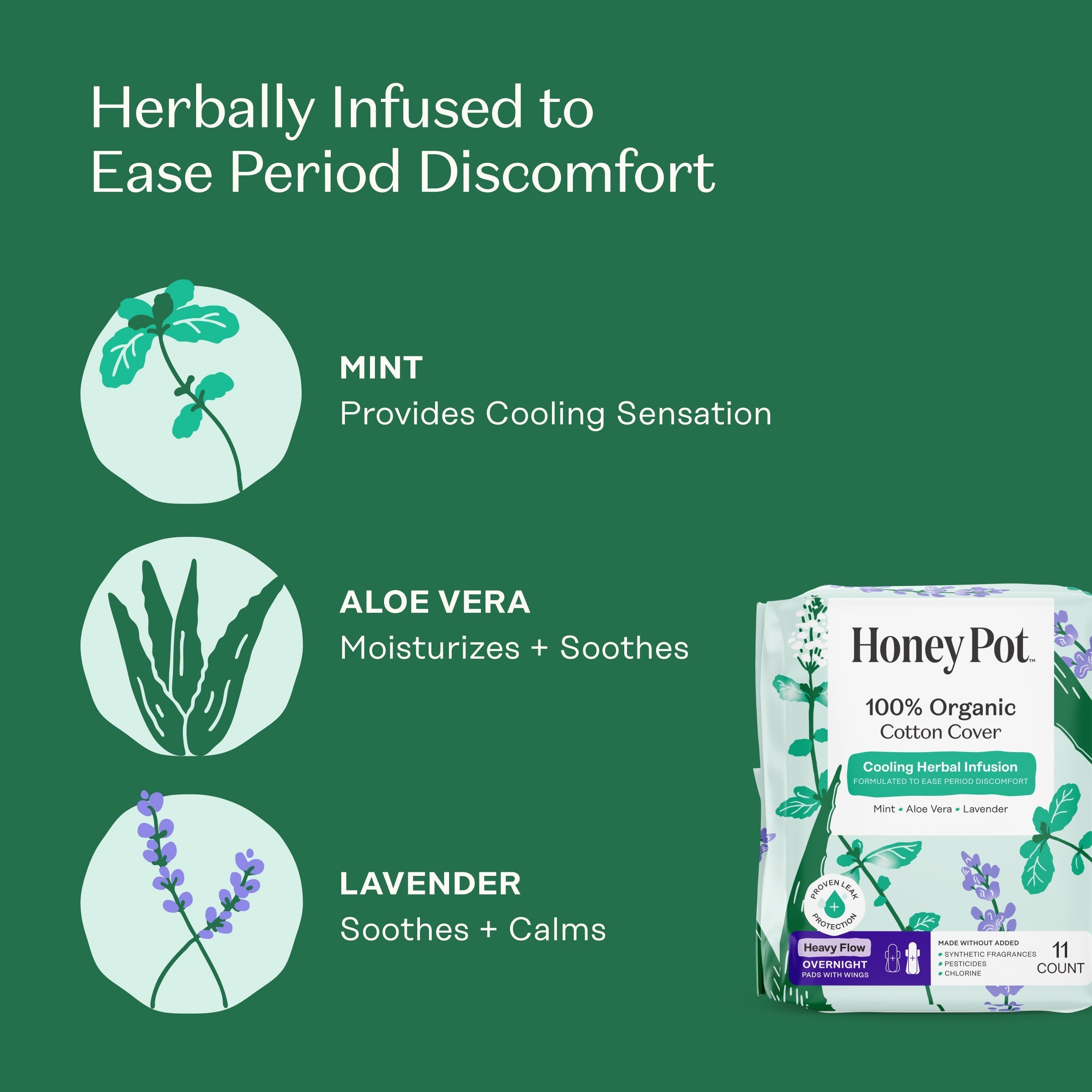 Organic Cotton Cover Cooling Herbal Infusion Heavy Flow Overnight Pads (KIDJ)